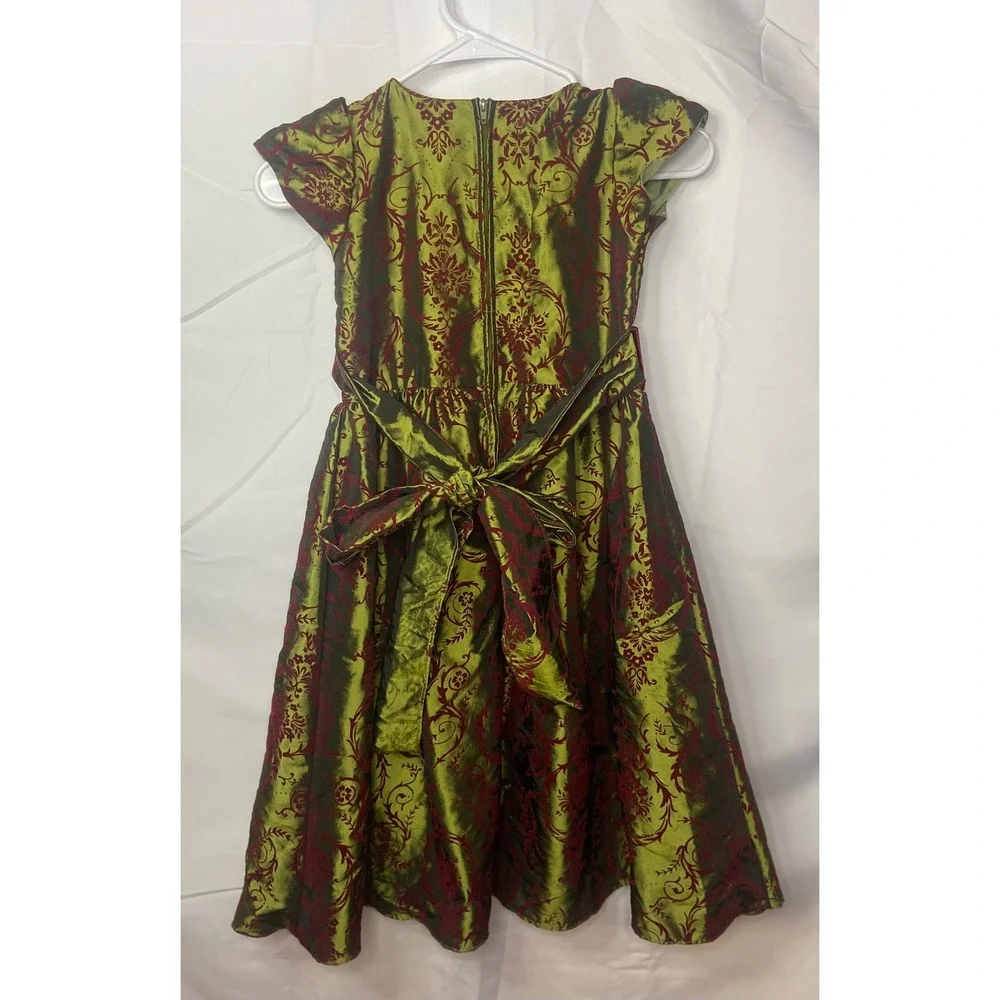 Swea Pea & Lilli Girls Green Burgundy‎ Damask Velvet Holiday Dress C812 Size 7